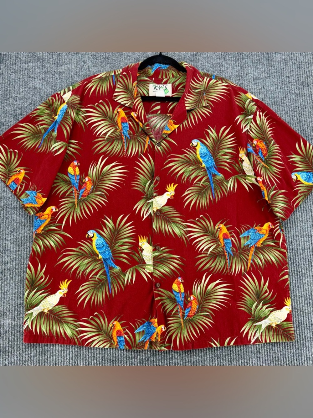 KY'S Hawaiian Shirt Mens 2XL Red‎ Parrot Bird Aloha Made Hawaii USA